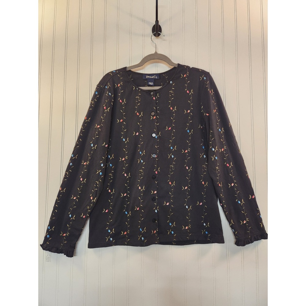 Denim & Co Womens Black Embroidered Floral Vine Button Front Cardigan Top Med